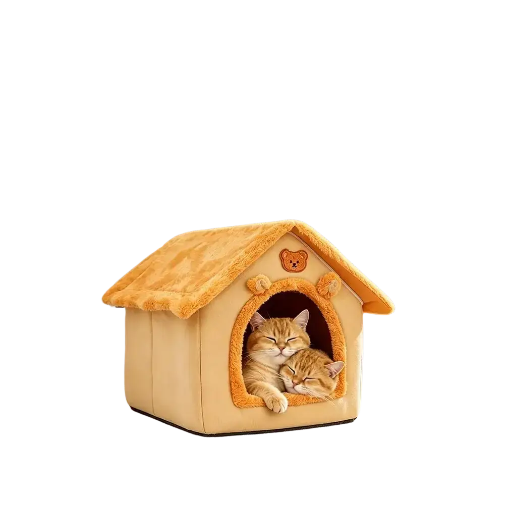 Beige and warm orange plush pet bed 33x32x30cm shaped like a cat cave with a teddy bear face on the roof