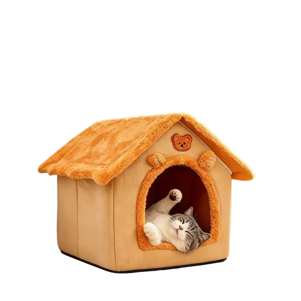 Beige and warm orange plush pet bed 33x32x30cm with bear face detail and soft interior for cozy winter sleeping