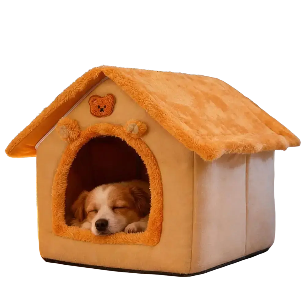 Cozy beige and warm orange plush pet bed 33x32x30cm with teddy bear emblem cat cave for indoor use
