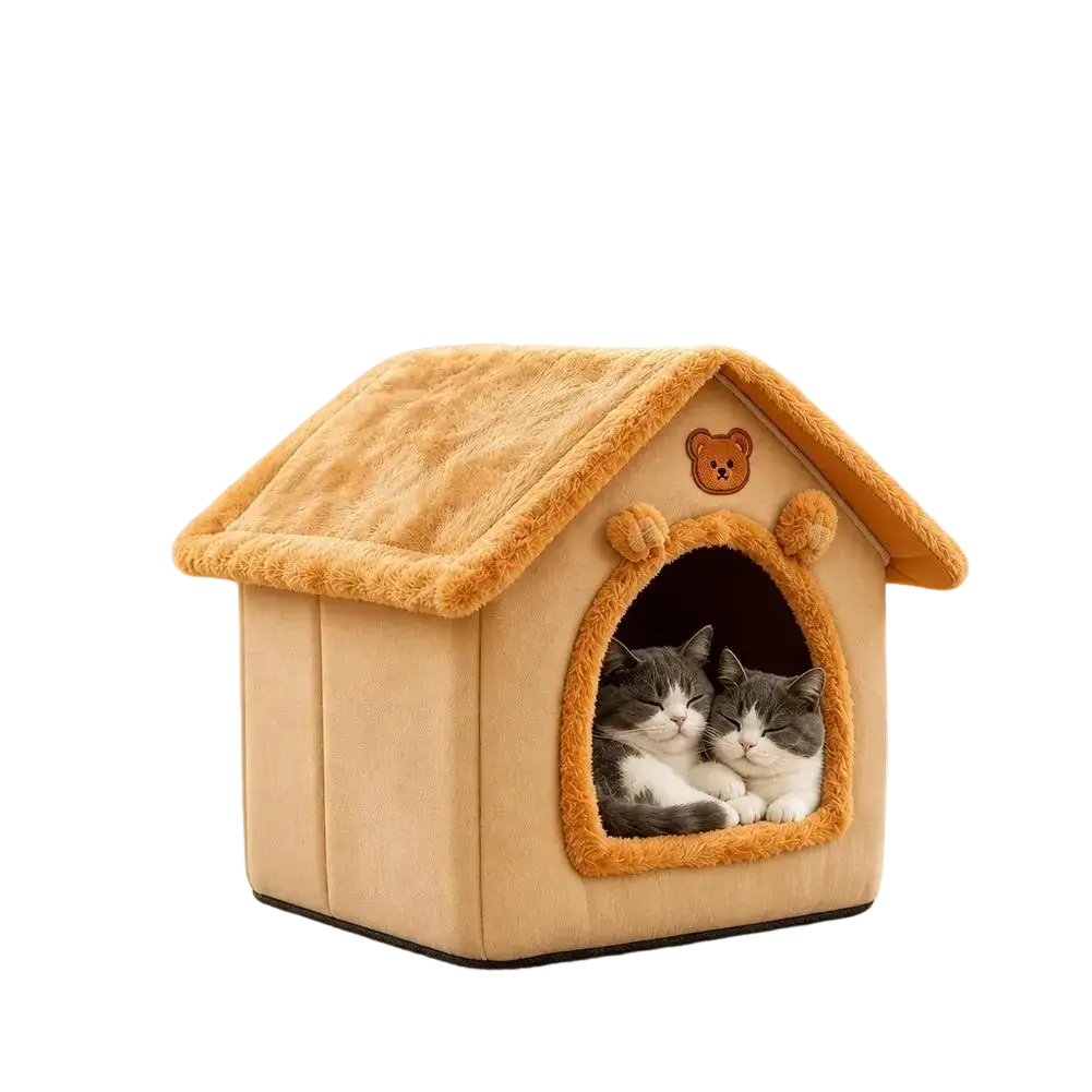Cozy tan plush pet bed warm orange 33x32x30cm cat cave with soft fuzzy roof and bear-themed trim