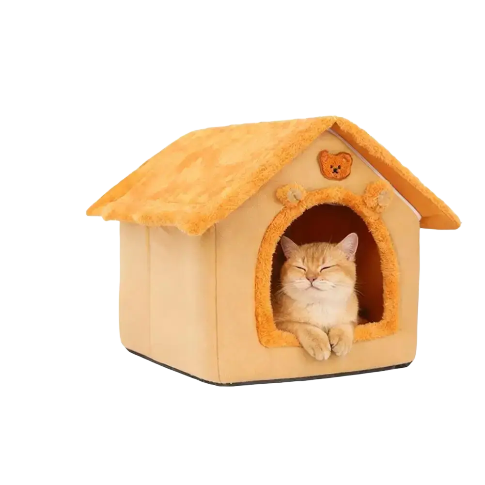 Soft plush warm orange pet bed cat cave 33x32x30cm with fuzzy roof and bear face decoration