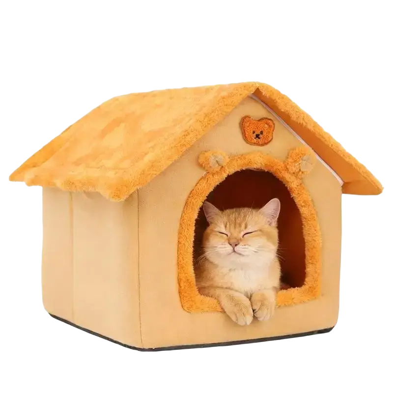 Soft plush warm orange pet bed 33x32x30cm with fuzzy roof and bear-themed trim cat cave for cats