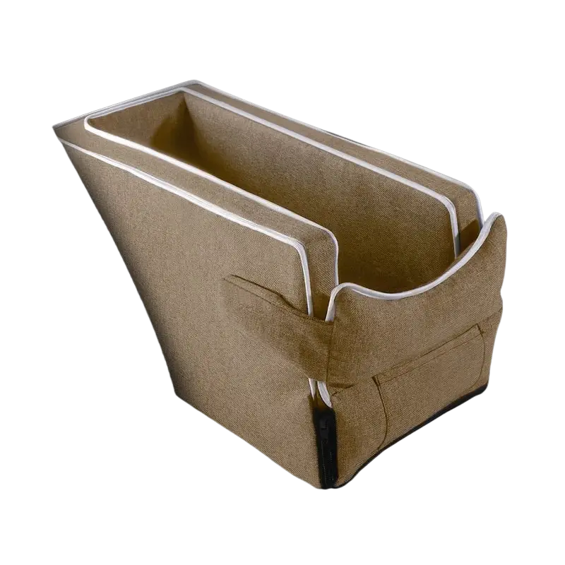 Beige fabric pet car console seat organizer with white stitched trim and front pocket for pets up to 5kg weight limit