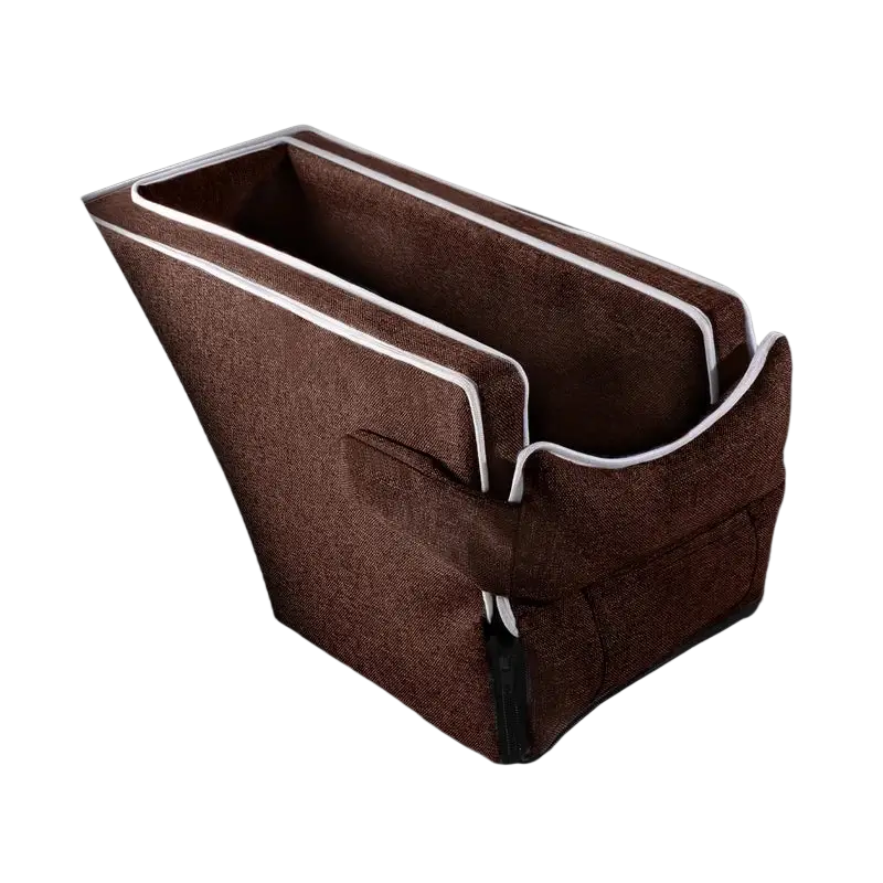 Brown textured fabric pet car console seat with white stitched trim and front pocket for small pets up to 5kg weight limit