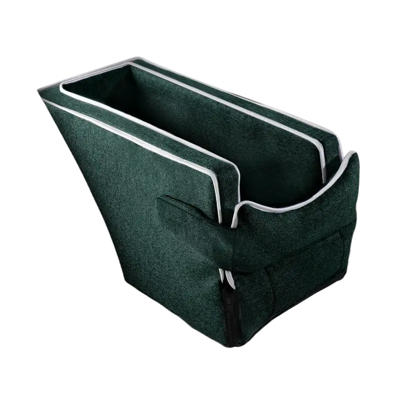 Dark green fabric pet car console seat with white stitched trim and zippered pocket for small pets up to 5kg weight limit