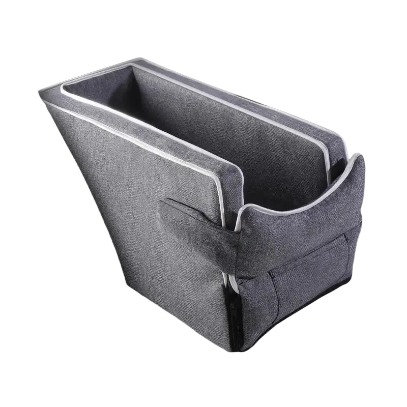 Gray fabric pet car console seat organizer with white trim two compartments for small pets up to 5kg weight limit