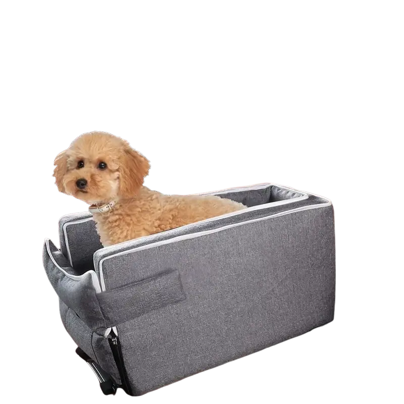 Gray fabric pet car console seat with white trim and black straps designed for small pets up to 5kg weight limit