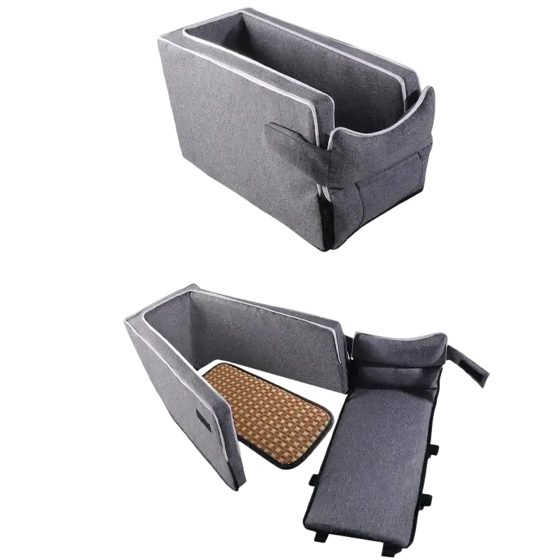 Gray fabric pet car console seat organizer with foldable design and woven mat for small pets up to 5kg weight limit