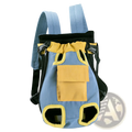Blue denim pet carrier backpack with yellow accents and black mesh panels for dog front pack use