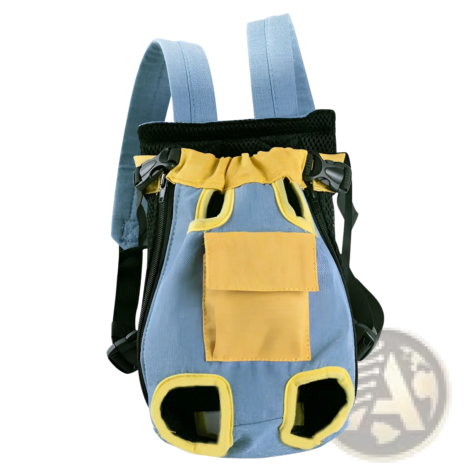 Blue denim pet carrier backpack with yellow accents and black mesh panels for dog front pack use