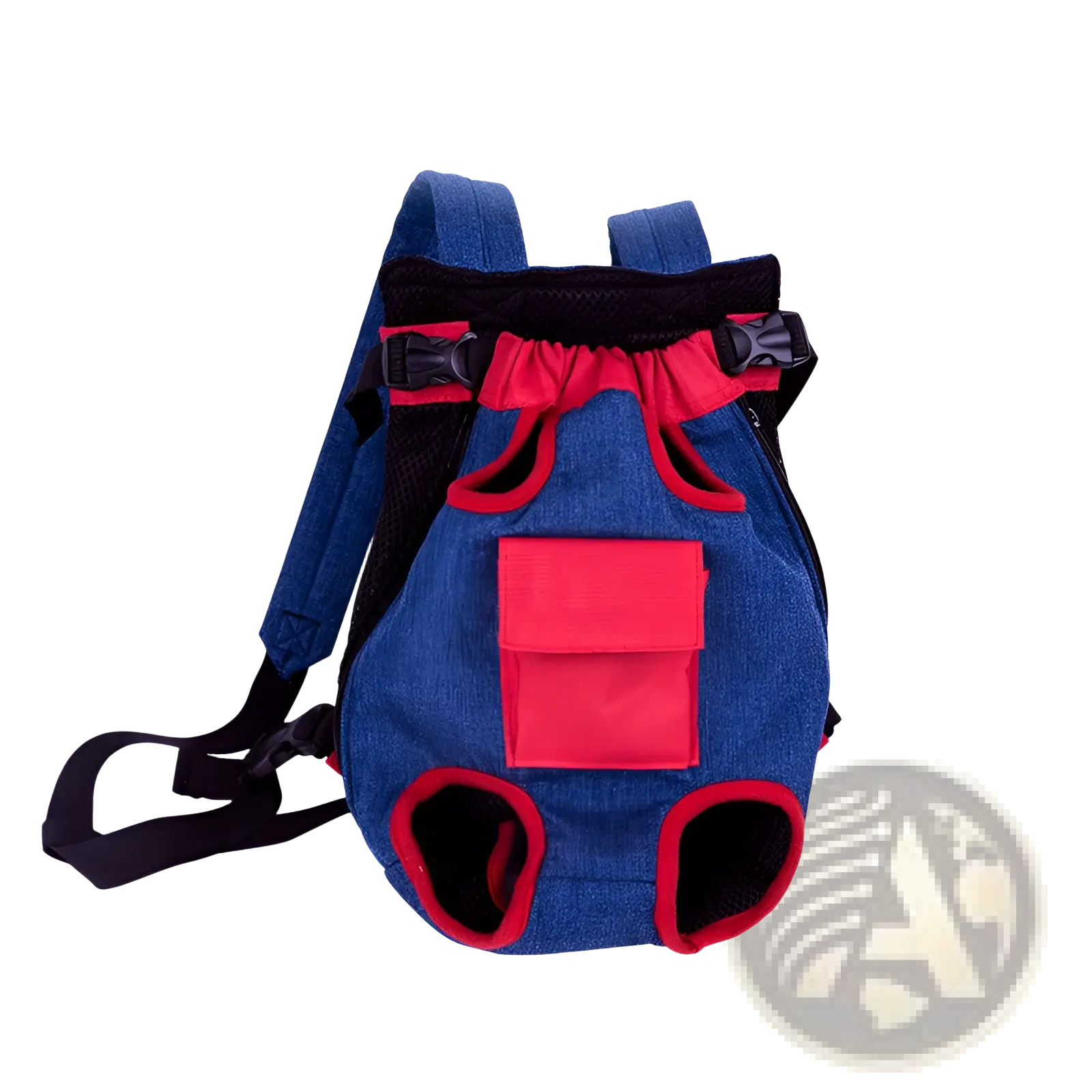 Blue denim pet carrier backpack with red accents and black straps designed as a dog front pack vest