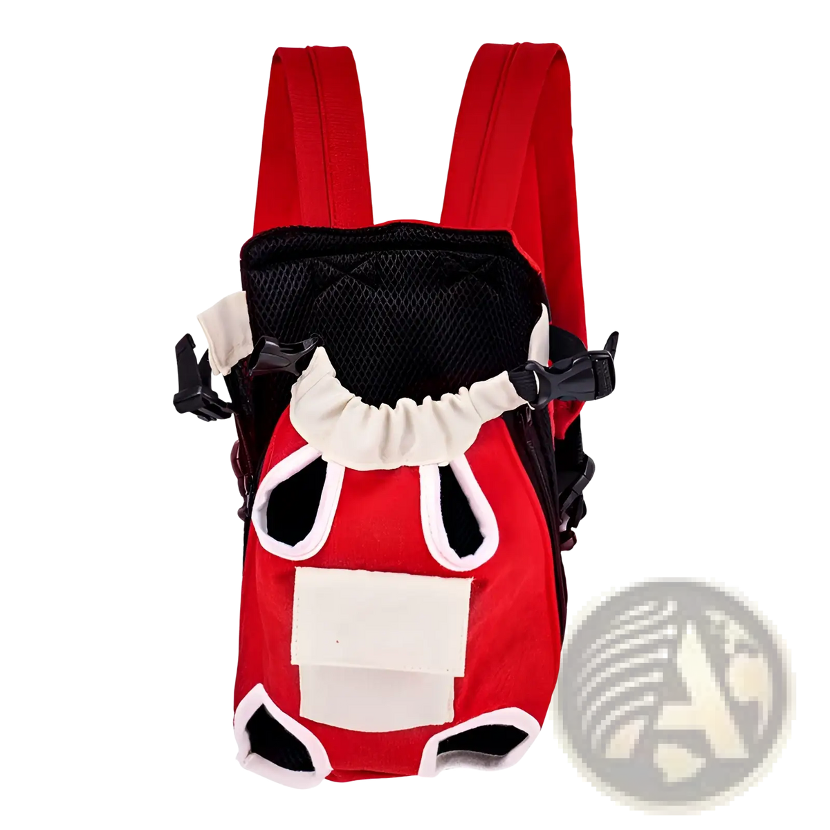 Red and black pet carrier backpack with white trim and cow face design for dogs in a denim vest style