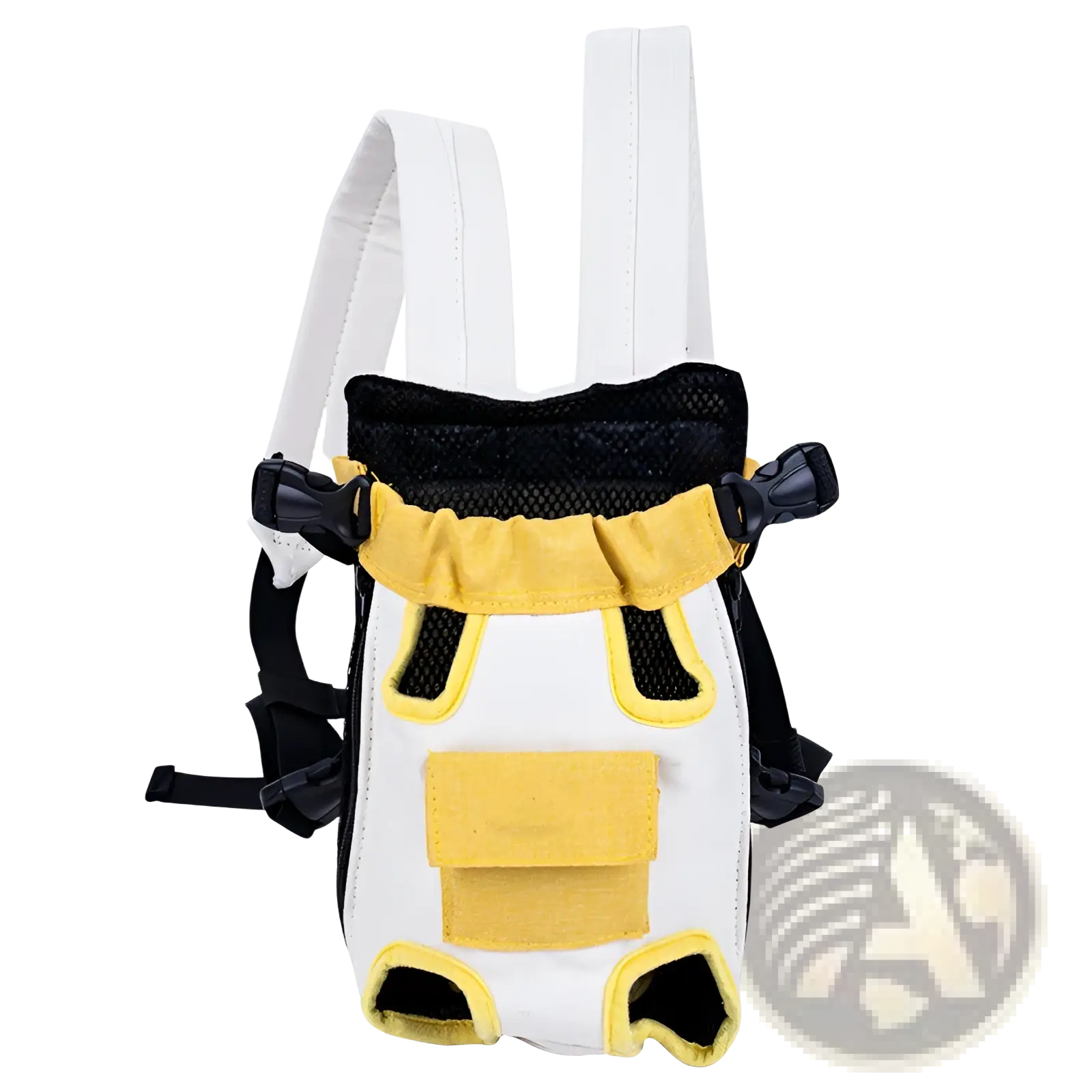 White and yellow pet carrier backpack with black mesh accents and adjustable straps for dog front pack denim vest
