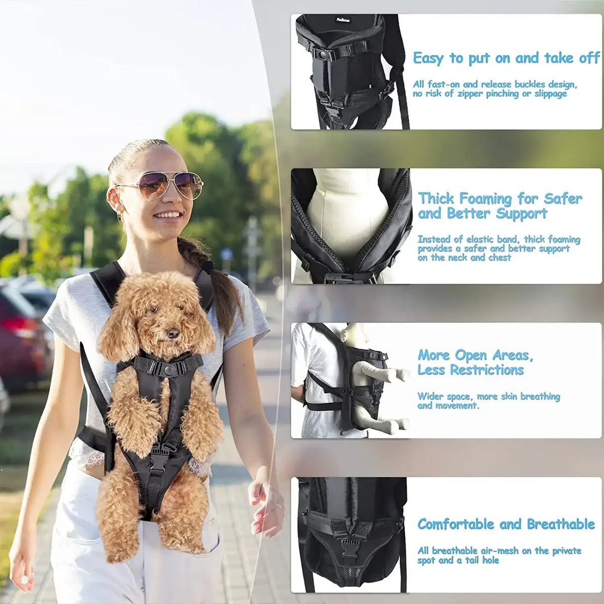 Black adjustable pet carrier backpack with thick foaming support and breathable air mesh panels for small dogs and cats