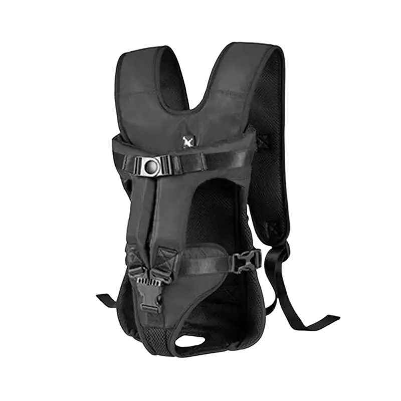 Black pet carrier backpack with mesh panels and adjustable straps designed as a backpack carrier for small dogs and cats