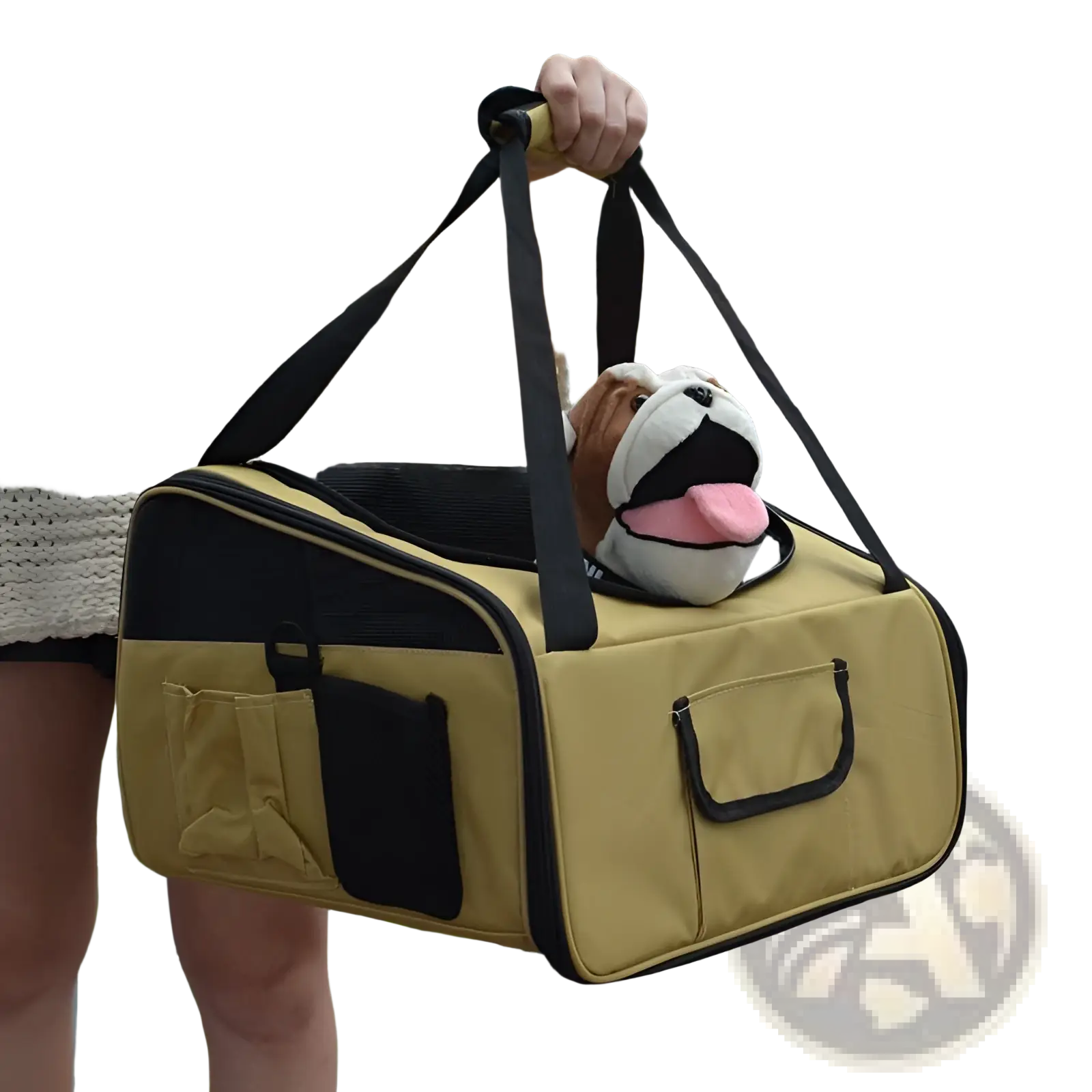 Beige and black pet carrier backpack for small dogs and cats with mesh sides, two front pockets, and plush bulldog toy