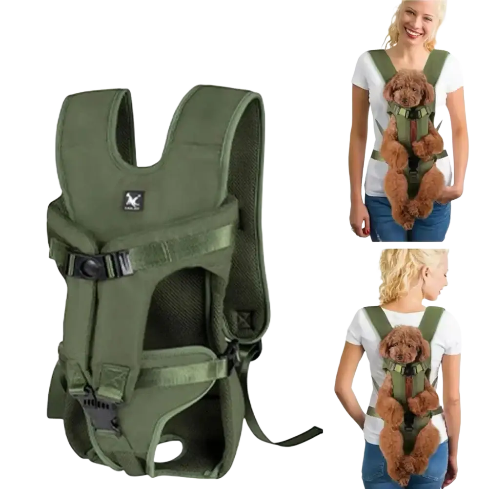 Olive green pet carrier backpack with adjustable straps and black buckles designed for small dogs and cats