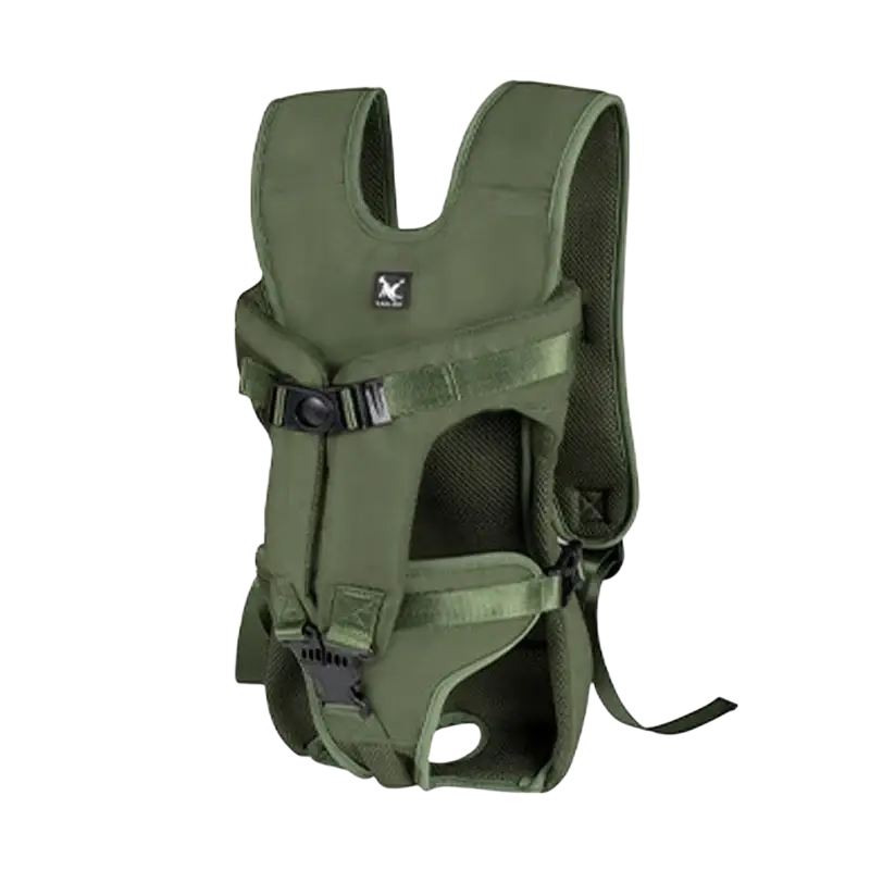 Olive green pet carrier backpack with adjustable straps and mesh ventilation panels for small dogs and cats