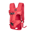 Red pet carrier backpack with mesh panels and black plastic buckles designed for small dogs and cats