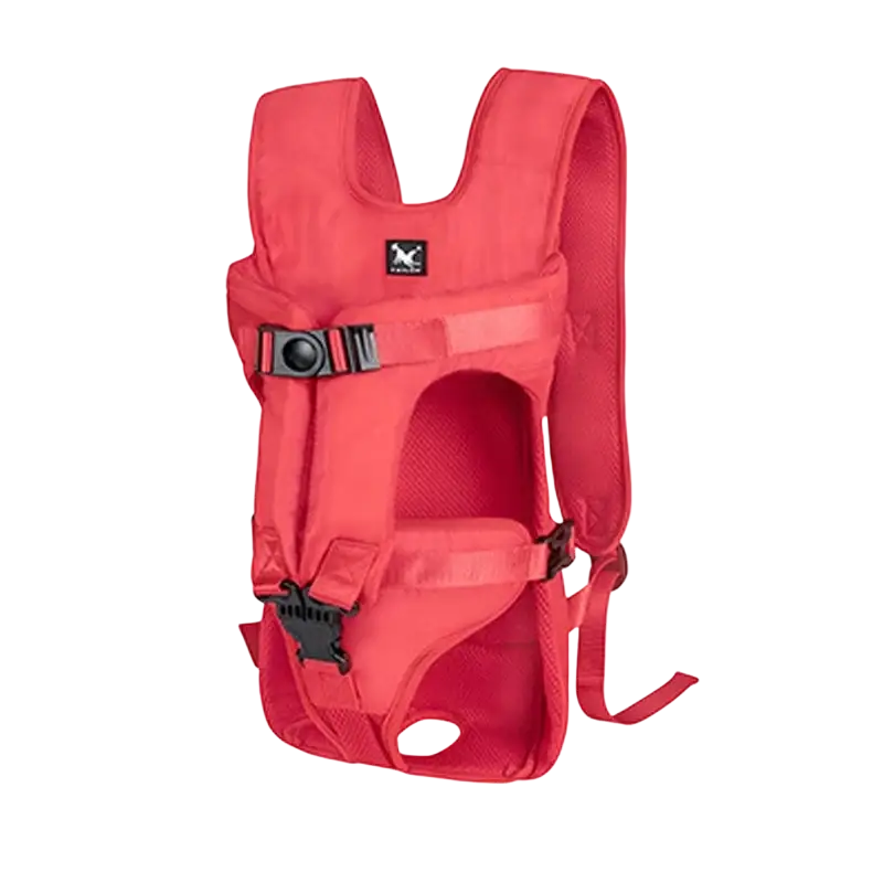 Red pet carrier backpack with mesh panels and black plastic buckles designed for small dogs and cats