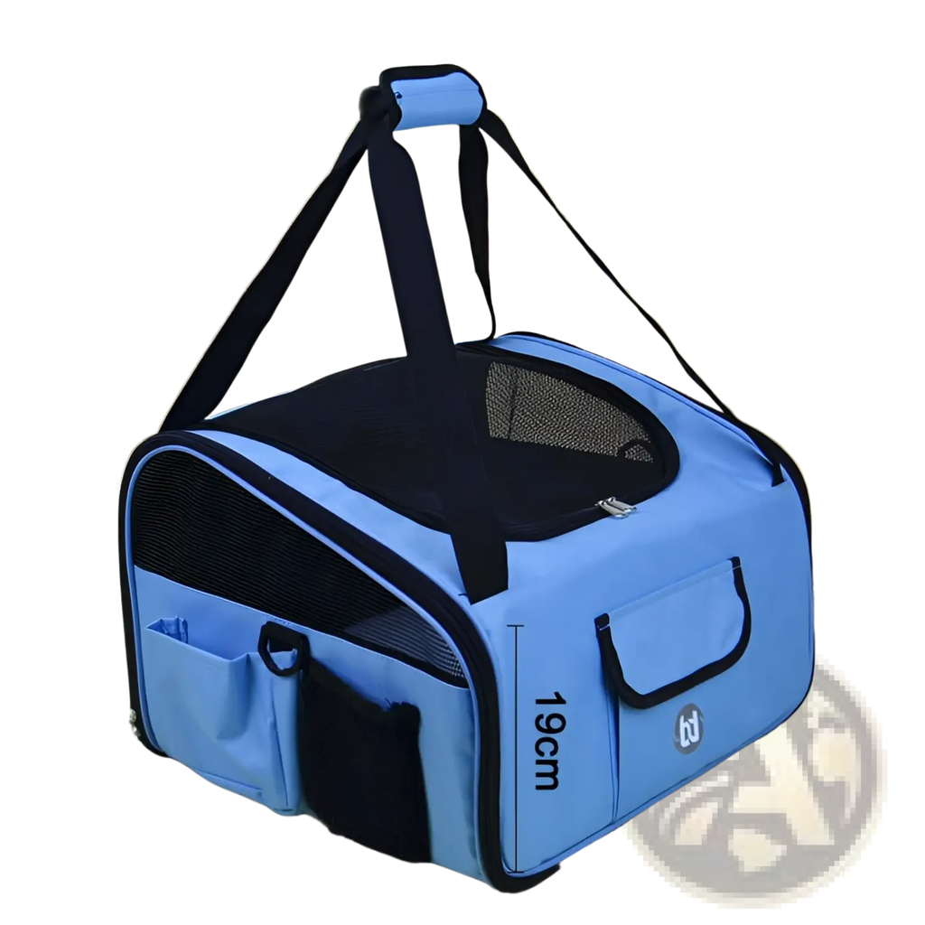 Light blue and black pet carrier backpack with mesh sides, multiple pockets, top handle for small dogs and cats
