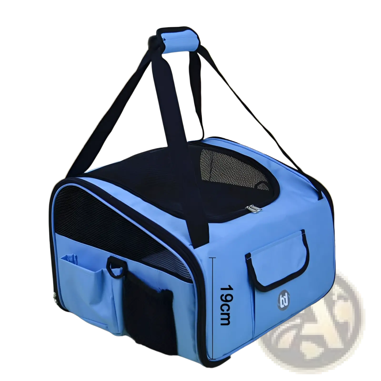 Light blue and black pet carrier backpack with mesh sides, multiple pockets, top handle for small dogs and cats