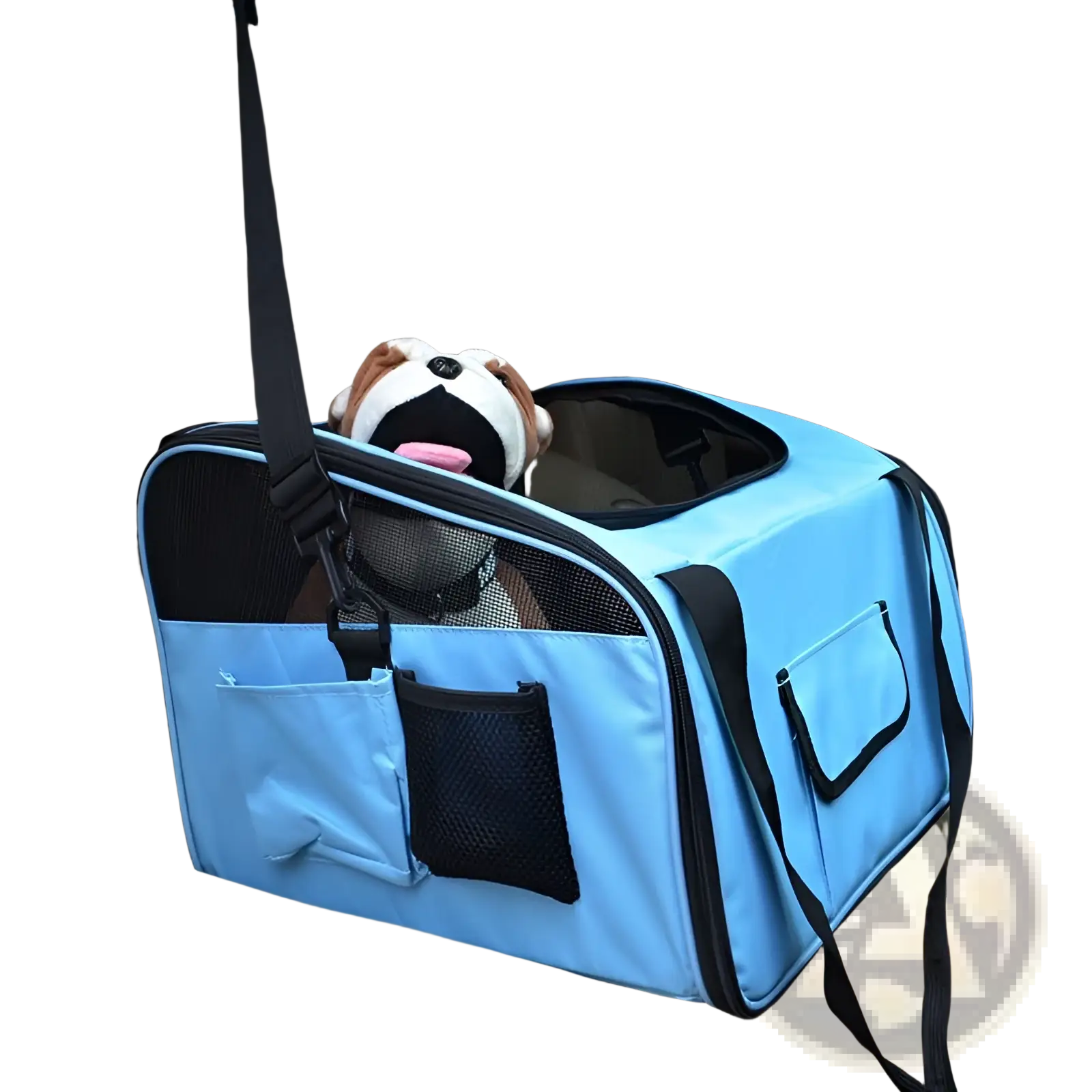 Light blue pet carrier backpack for small dogs and cats with black mesh panels, straps, front pocket, and side storage compartments