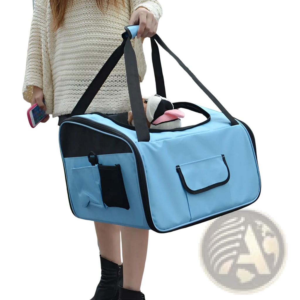 Light blue pet carrier backpack with black trim mesh sides two front pockets and a plush toy peeking out from top opening