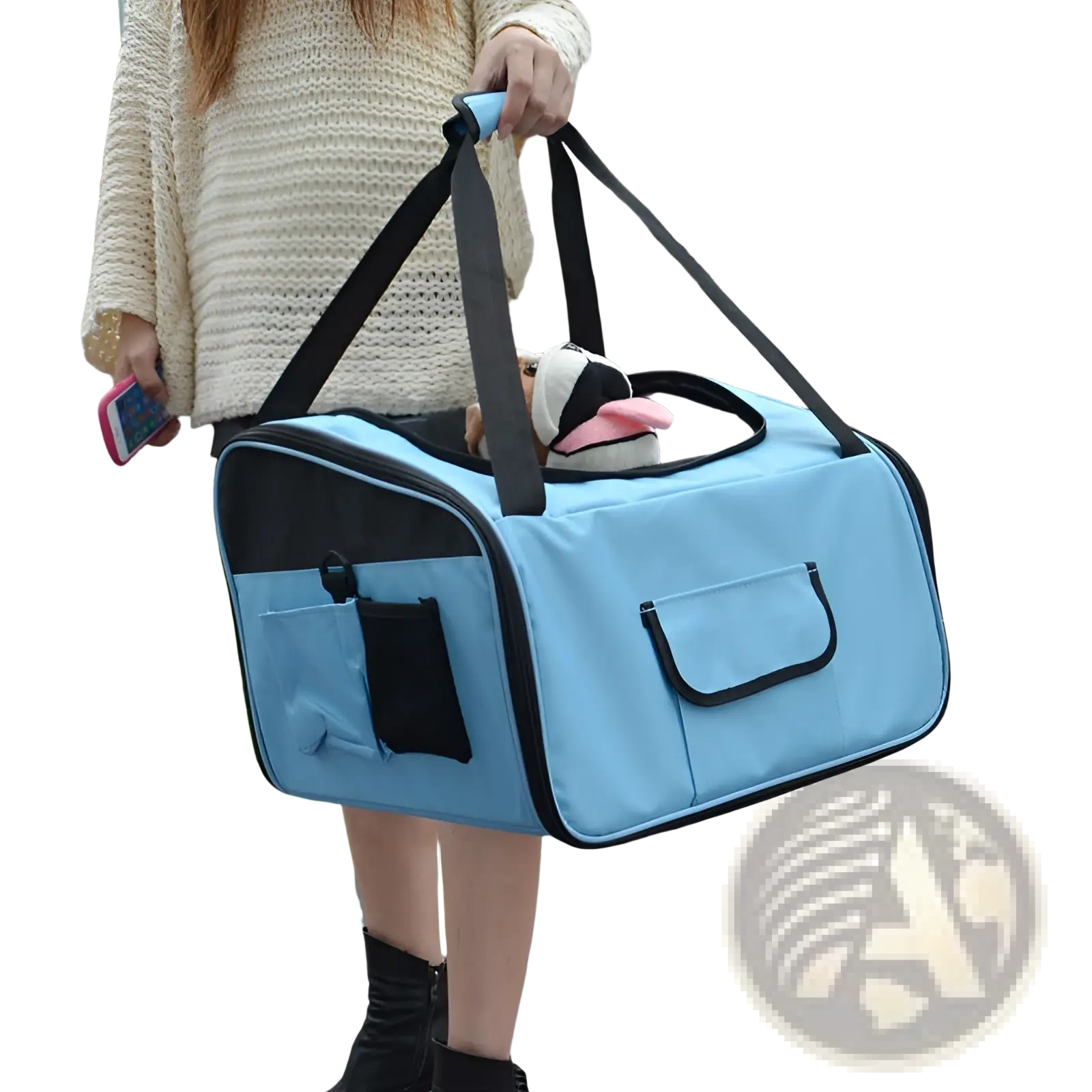 Light blue pet carrier backpack with black trim mesh sides two front pockets and a plush toy peeking out from top opening