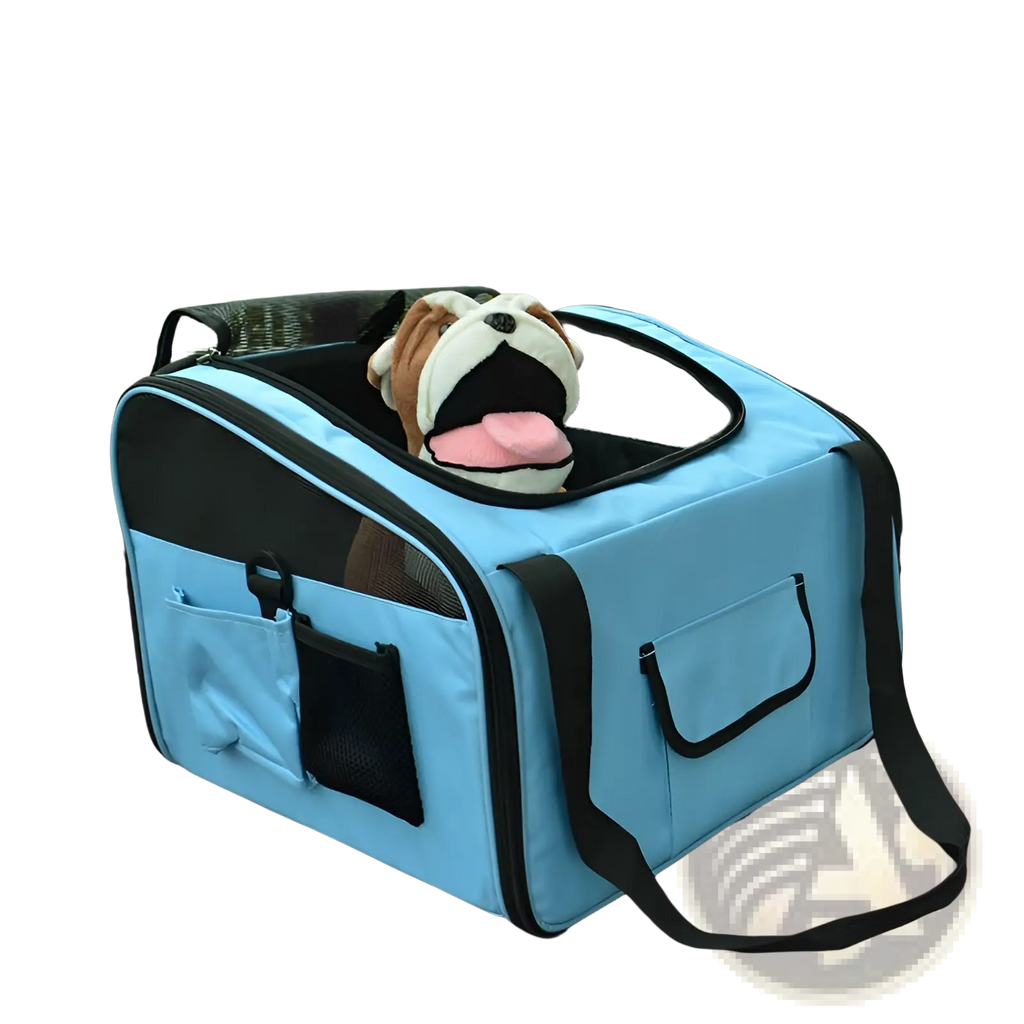 Light blue and black pet carrier backpack with mesh sides and a front pocket featuring a plush bulldog toy