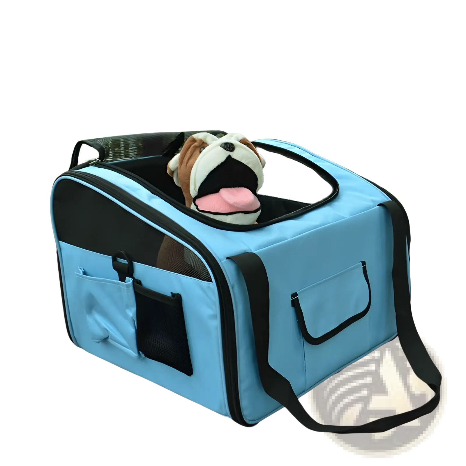 Light blue and black pet carrier backpack with mesh sides and a front pocket featuring a plush bulldog toy