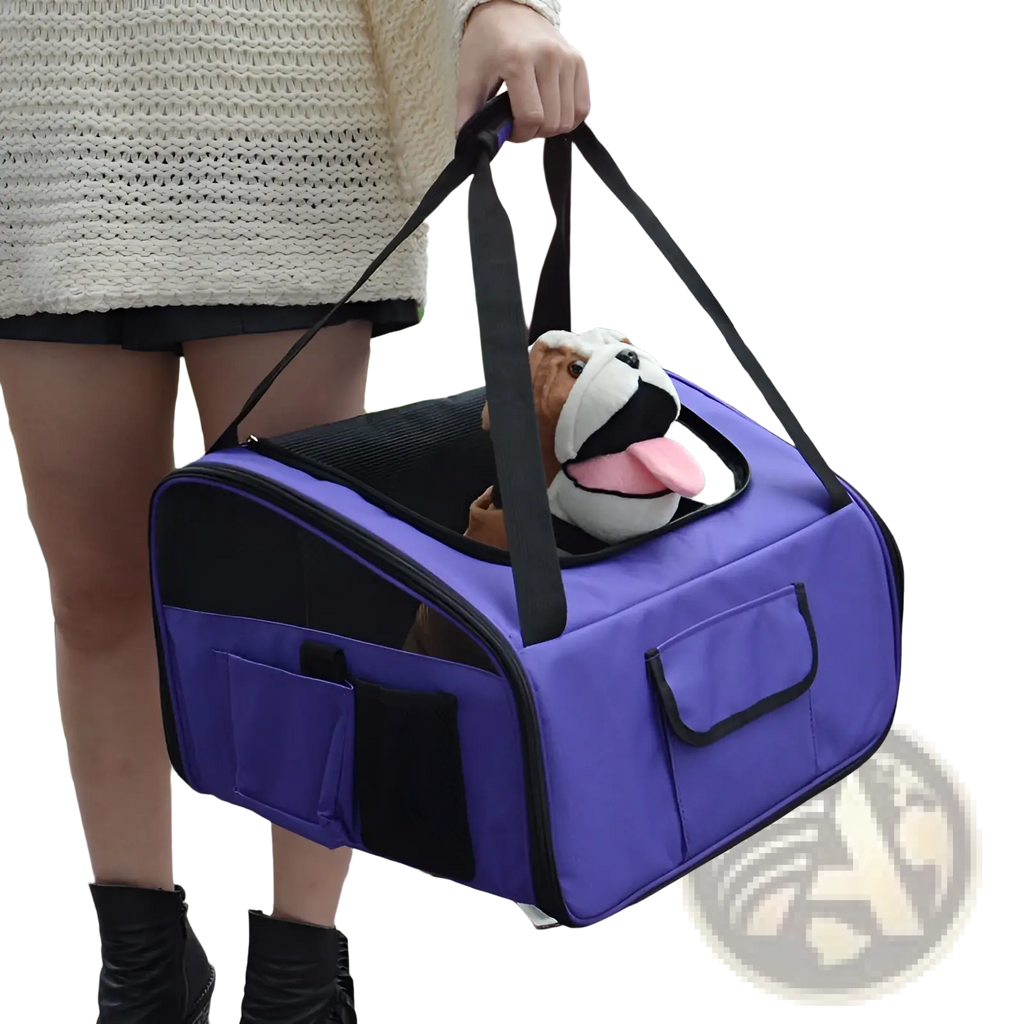 Pet carrier backpack for small dogs and cats in purple with black trim featuring a mesh window showing a stuffed dog inside