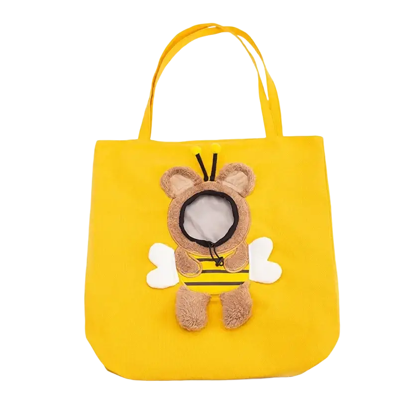 Bright yellow canvas pet carrier bag tote with plush brown bear bee design for small dog cat mouth length access