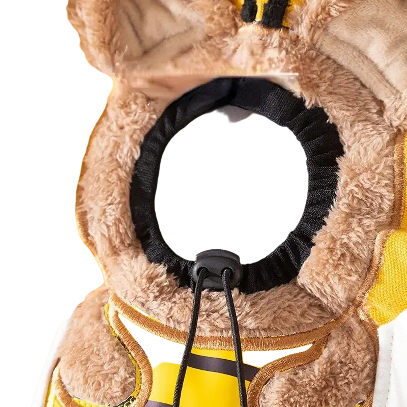 A plush brown and yellow bee-themed hooded carrier bag made of canvas with black drawstrings for small dog or cat mouth length
