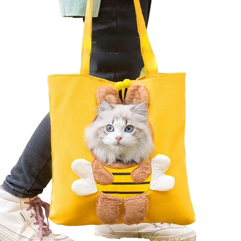 Yellow bee-themed canvas carrier bag with mouth length front pocket featuring a plush cat for small pets