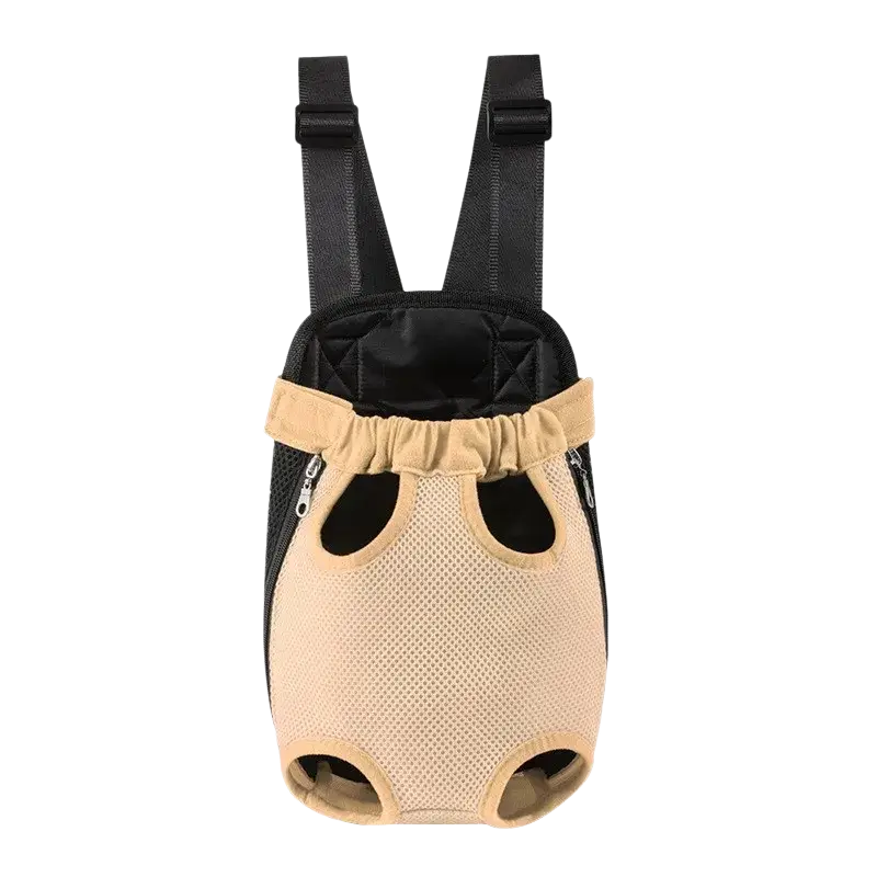 Beige pet carrier chest bag with breathable mesh fabric black adjustable straps and zipper pockets for pet supplies