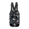 Black unicorn-themed pet carrier chest bag with breathable mesh fabric featuring pink unicorns rainbows moons and stars