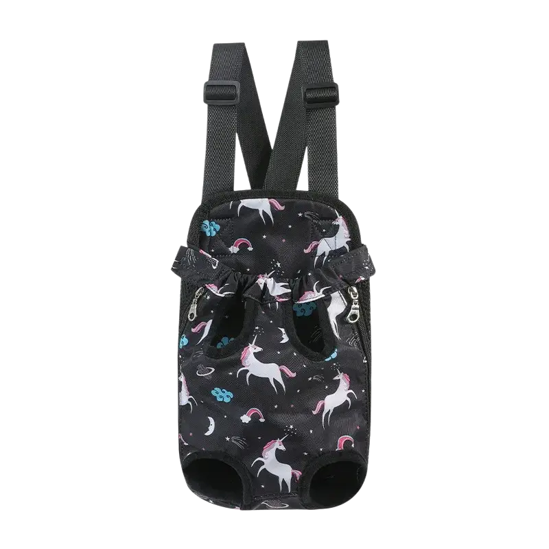 Black unicorn-themed pet carrier chest bag with breathable mesh fabric featuring pink unicorns rainbows moons and stars