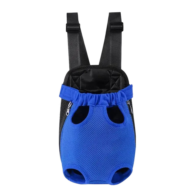 Blue mesh pet carrier chest bag with black straps and side zippers made of breathable mesh fabric for pet supplies
