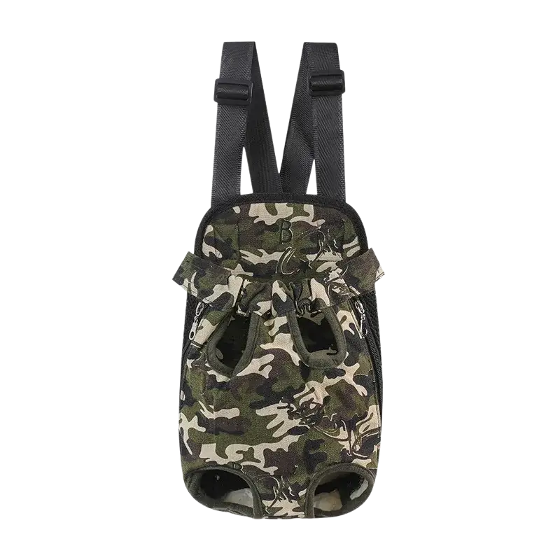 Camouflage-patterned pet carrier chest bag with black straps and breathable mesh fabric for pet supplies use