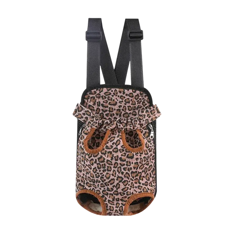 Leopard-print pet carrier chest bag with breathable mesh fabric black adjustable straps and brown trim for pet supplies