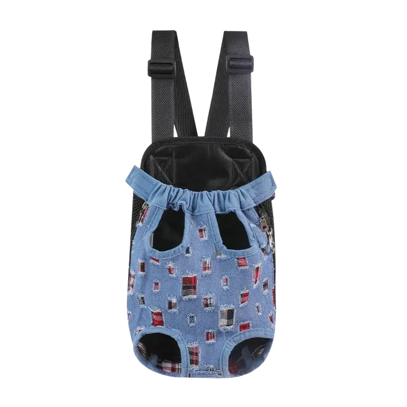 Light blue denim-style pet carrier chest bag with breathable mesh fabric and adjustable shoulder straps for pet supplies