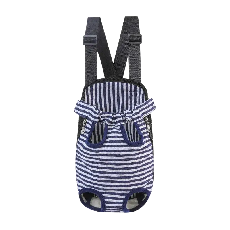 Navy and white striped pet carrier chest bag with breathable mesh fabric and adjustable black shoulder straps for pet supplies