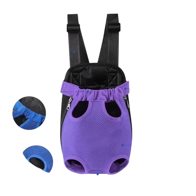 Purple mesh pet carrier chest bag with black straps and blue accents made of breathable mesh fabric for pet supplies
