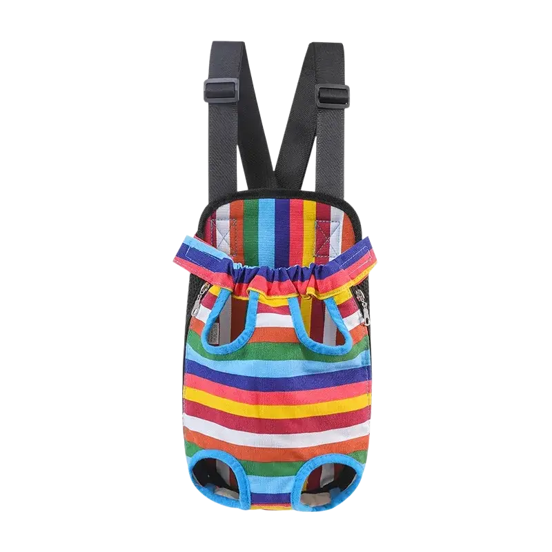 Rainbow-striped pet carrier chest bag with breathable mesh fabric black straps and blue-rimmed openings for pet supplies
