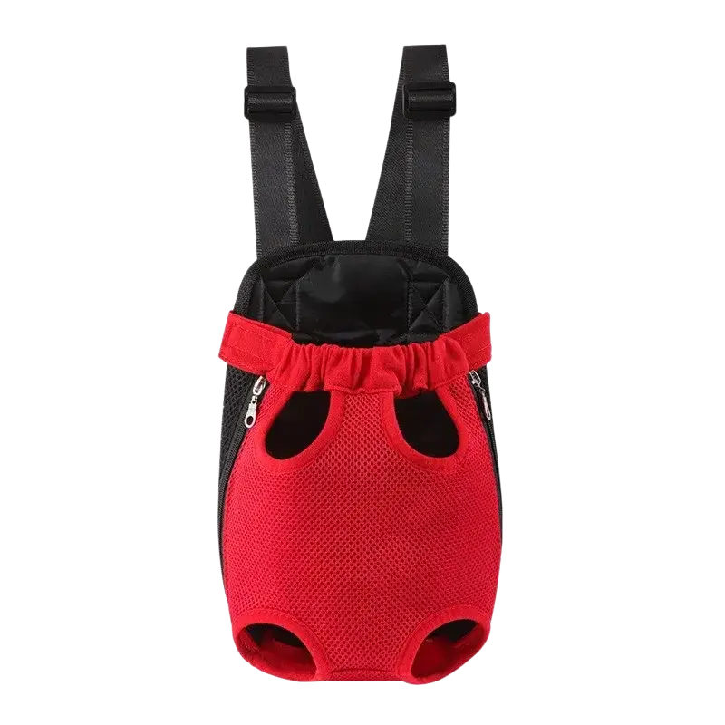 Red mesh pet carrier chest bag with black straps and side zippers made of breathable mesh fabric for pet supplies