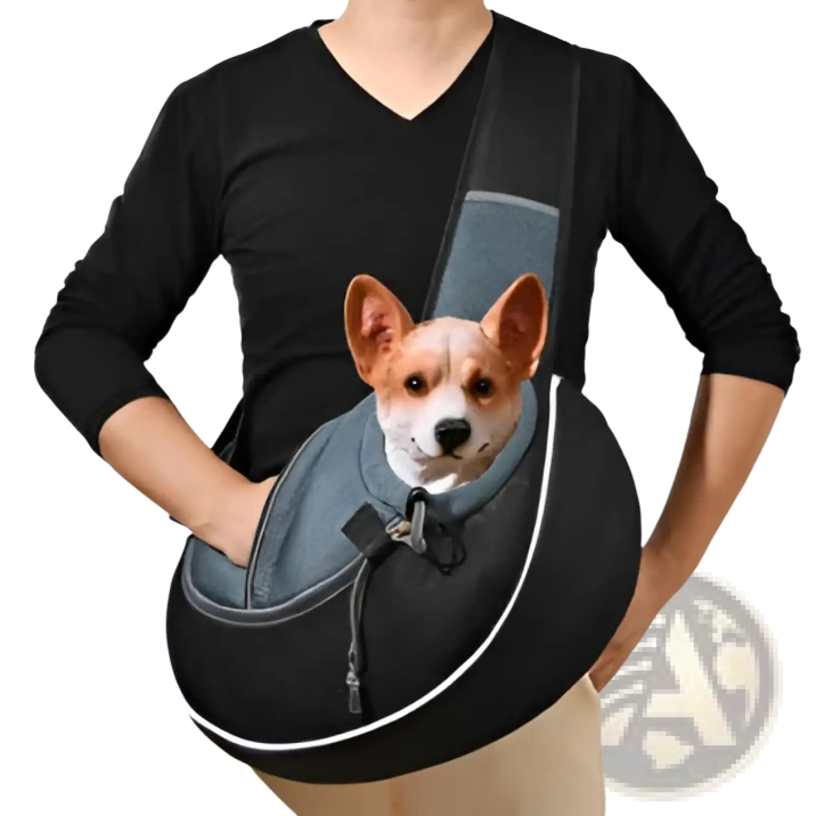 Black and gray pet carrier sling bag with mesh panel designed for small dogs and cats comfort and ventilation