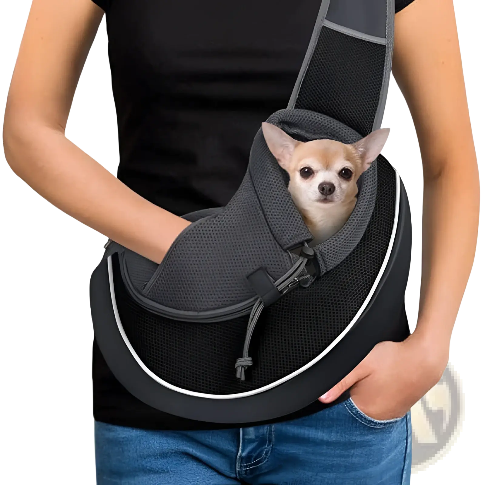Black and gray mesh pet carrier sling bag with white trim designed for carrying small dogs and cats