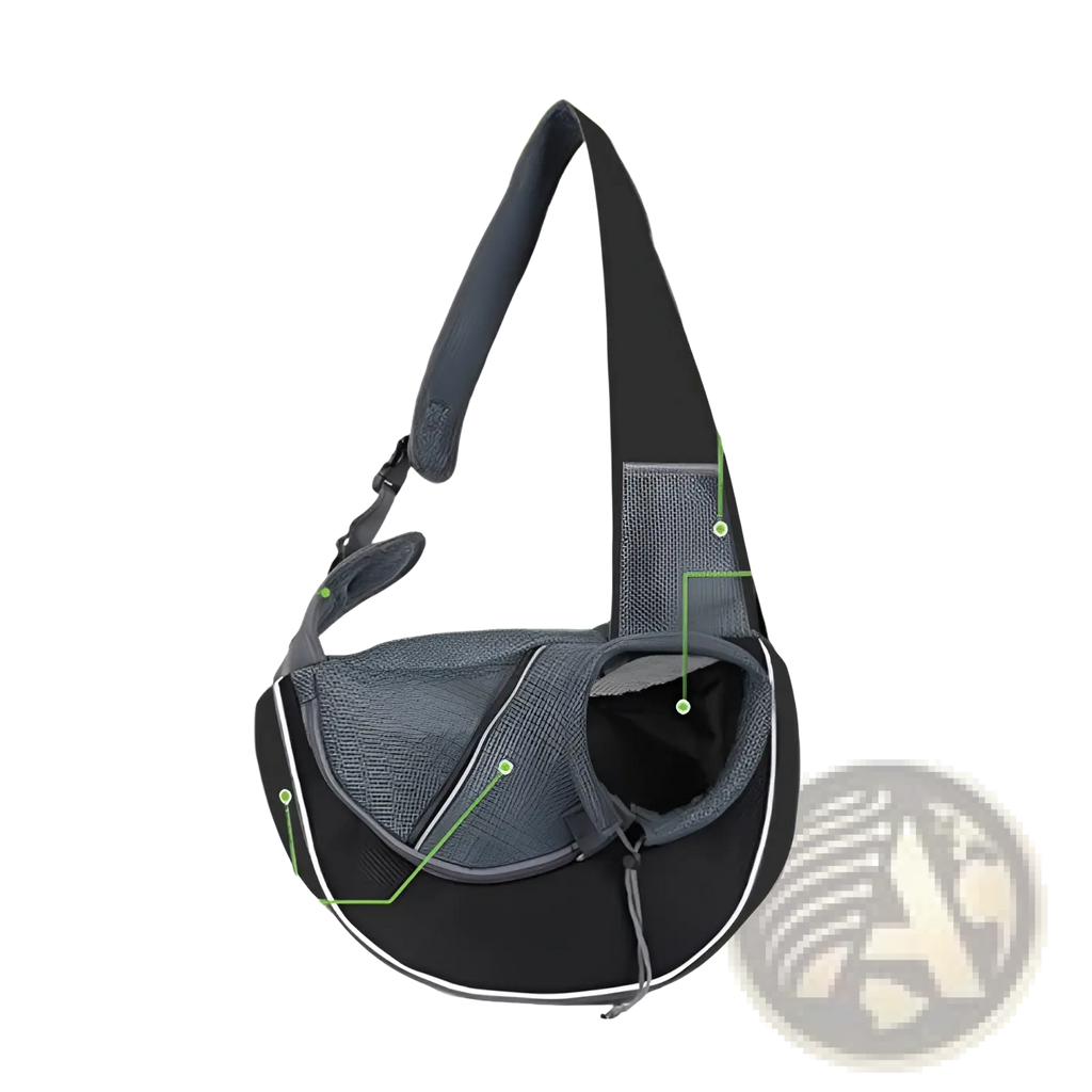 Black and gray mesh pet carrier sling bag for small dogs and cats with adjustable shoulder strap shown from back side
