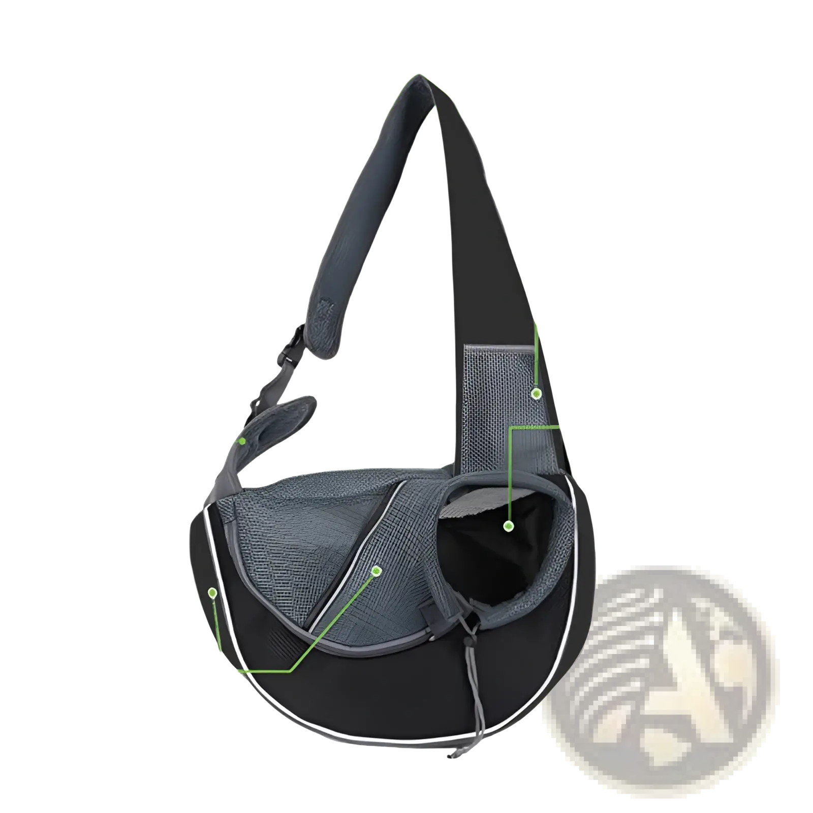 Black and gray mesh pet carrier sling bag for small dogs and cats with adjustable shoulder strap shown from back side